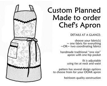 Customized Classic Chef Apron (choose your own fabrics) theme party hostess apron, traditional "one size fits most" style