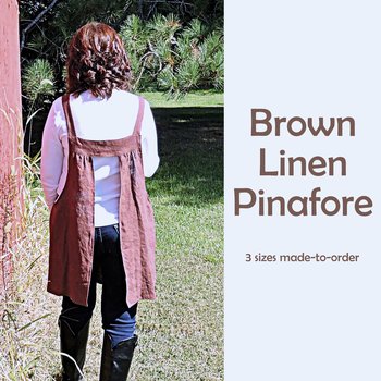 Brown Washed Linen Pinafore with no ties, 100% flax linen relaxed fit smock with pockets, made to order XS - 5X