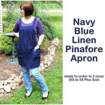 XS -5X Navy Blue Linen Pinafore Apron with no ties, prewashed linen, Relaxed Fit Smock with pockets, handmade after order by Laurie