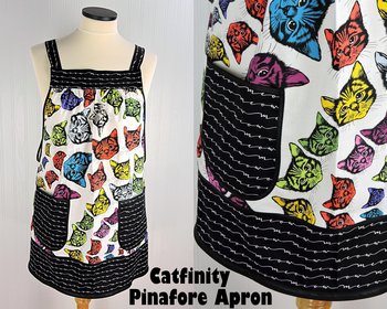 Catfinity Pinafore Apron with no ties, relaxed fit smock with pockets, cat lover apron made to order XS to 5X Plus Size