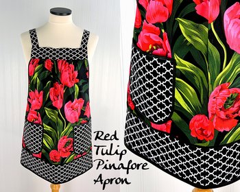 Red Tulips Pinafore Apron with no ties, plus size smock apron with pockets, Standard Size (fits L/XL/2X) ready to ship now