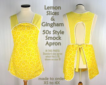 Lemon Slices & Gingham 50s Smock Apron, relaxed fit "H-back" doesn't touch neck, from XS to 4X w/ pocket options, Lemon Fresh collection