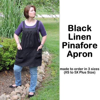 Black Linen Pinafore Apron with no ties, Washed Linen Relaxed Fit Smock with pockets, handmade after order XS to  5X Plus Size