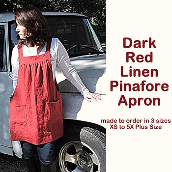 XS - 5X Dark Red Washed Linen Pinafore Apron with no ties, pure flax washed linen relaxed fit smock with pockets, handmade after order