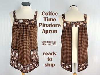 SHIPS FAST~ Coffee Time Pinafore with no ties, relaxed fit smock with pockets, barista apron, standard size fits L-XL-2X, ready to ship