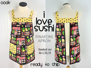 I Love Sushi Pinafore Apron with no ties, Japanese bento box on gray, relaxed fit smock with pockets fits L/XL/2X, Ready to Ship