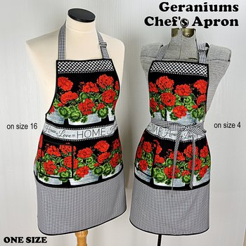 SHIPS FAST~ Geraniums Chef's Apron with pocket, pretty hostess apron, retro kitchen decor, one-size-fits-most, Red Geranium & Black Gingham