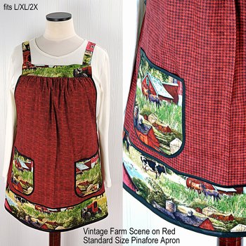 SHIPS FAST~ Vintage Farm Scene (on red) Pinafore with no ties, relaxed fit smock with pockets, Red Barn- Horses- Cows- Tractor, fits L/XL/2X