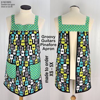 Groovy Guitars Pinafore Apron with no ties, relaxed fit smock with pockets, Lagoon colorway, made to order XS to 5X