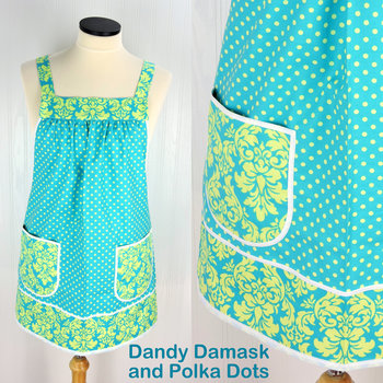 SHIPS FAST~ Pinafore Apron with no ties (Dandy Damask and Polka Dots in Lagoon) relaxed fit smock with pockets, standard size fits L/XL/2X