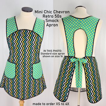 Mini Chic Chevron in Lagoon, Retro 50s Smock Apron with pockets, relaxed fit with no neck ties (H-back apron) made to order XS to 4X