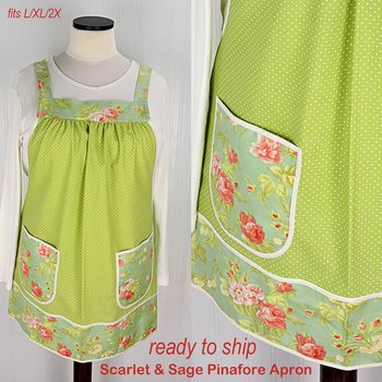 SHIPS FAST~ Scarlet & Sage Roses Pinafore Apron with no ties, relaxed fit smock with pockets, standard size apron fits L/XL/2X