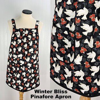 Winter Bliss Peace Doves Pinafore with no ties, relaxed fit smock with pockets fits L/XL/2X, Christmas apron ready to ship