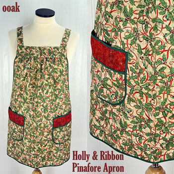 SHIPS FAST~ Holly & Ribbon Pinafore with no ties, relaxed fit smock with pockets fits L/XL/2X, Christmas baking apron, one of a kind