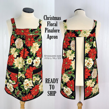 SHIPS FAST~ Christmas Floral Pinafore with no ties, relaxed fit smock with pockets fits L/XL/2X, Xmas baking apron, ready to ship