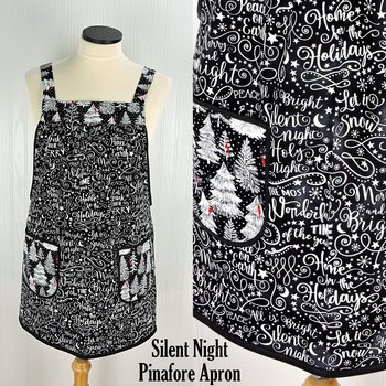 Silent Night Holiday Script Pinafore with no ties, Relaxed Fit Smock with pockets, Standard Size fits L/XL/2X, Christmas apron ships fast