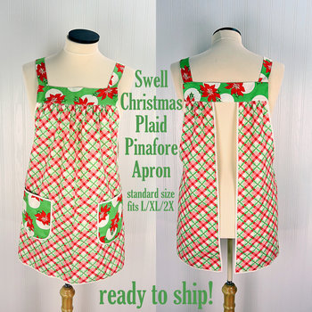 SHIPS FAST~ Swell Christmas Plaid Pinafore with no ties, relaxed fit smock with pockets fits L/XL/2X, Christmas baking apron, one of a kind