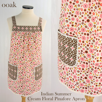 SHIPS FAST~ Indian Summer Cream Floral Pinafore, retro hostess apron, relaxed fit smock with pockets fits L/XL/2X, ready to ship