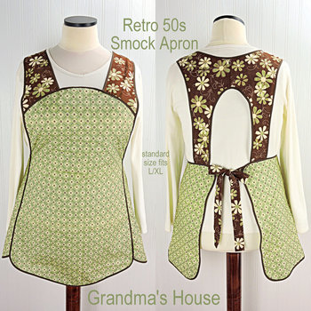 SHIPS FAST~ Grandma's House 50s Style Smock Apron, comfortable relaxed fit apron (H back style doesn't touch neck) last one fits L/XL