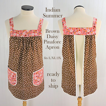 SHIPS FAST~ Indian Summer Brown Daisies Pinafore, lovely hostess apron, relaxed fit smock with pockets fits L/XL/2X, ready to ship