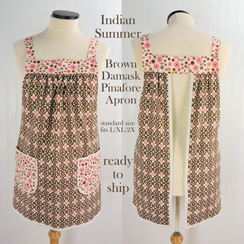 SHIPS FAST~ Indian Summer Brown Damask Pinafore, retro hostess apron, relaxed fit smock with pockets fits L/XL/2X, ready to ship