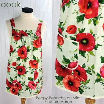 SHIPS FAST Poppy Panache on mint Pinafore Apron, relaxed fit smock with pockets fits L/XL/2X, pretty baking apron ready to ship