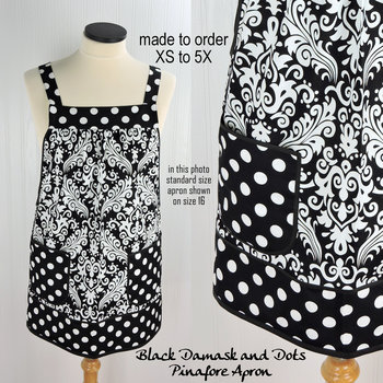 Black Damask and Dot Pinafore with no ties, relaxed fit smock with pockets, lovely hostess apron made to order XS - 5X