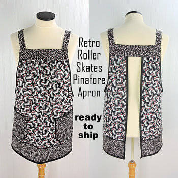 Retro Roller Skates Pinafore Apron with no ties, relaxed fit smock with pockets, fun hostess apron fits L/XL/2X, ready to ship now