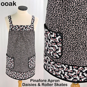 Daisies and Roller Skates Pinafore Apron with no ties, relaxed fit smock with pockets, fun hostess apron fits L/XL/2X, ready to ship now