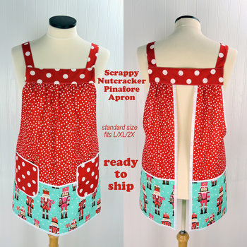 SHIPS FAST Scrappy Nutcracker Pinafore with no ties, relaxed fit smock with pockets, color-blocked Christmas Apron fits L/XL/2X