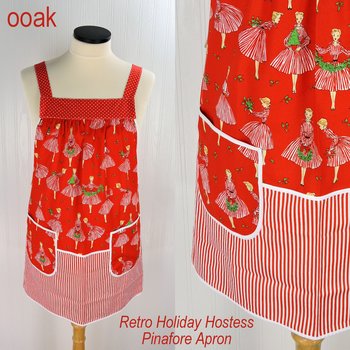 Retro Holiday Hostess Pinafore Apron with no ties, relaxed fit smock with pockets, red and white Christmas apron fits L/XL/2X, ships fast