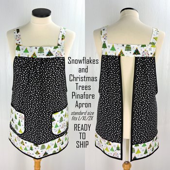 SHIPS FAST Snowflakes and Christmas Trees Pinafore with no ties, relaxed fit smock with pockets fits L/XL/2X, one of a kind holiday apron