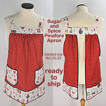 SHIPS FAST Sugar & Spice Pinafore with no ties, relaxed fit smock with pockets, Christmas baking apron fits L/XL/2X, Grandmacore Holiday