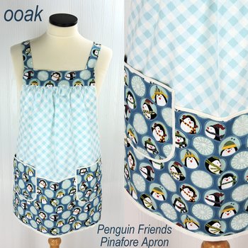 Penguin Friends Pinafore with no ties, relaxed fit smock with pockets, cute Christmas Apron, standard size fits L/XL/2X, ships fast