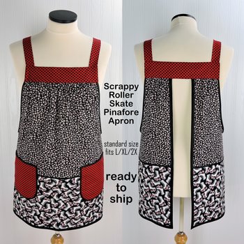 Scrappy Roller Skates Pinafore Apron with no ties, relaxed fit smock with pockets, fun kitchen apron fits L/XL/2X, ready to ship now