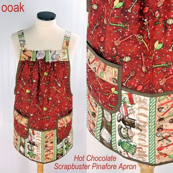 Hot Chocolate Scrapbuster Pinafore Apron with no ties, relaxed fit smock with pockets, OOAK Christmas plus size apron fits L-XL-2X