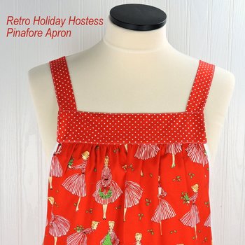 Retro Holiday Hostess Pinafore Apron with no ties, relaxed fit smock with pockets, red and white Christmas apron fits L/XL/2X, ships fast