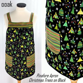 Christmas Trees on Black Pinafore with no ties, relaxed fit smock with pockets fits L/XL/2X, one of a kind holiday apron ships fast