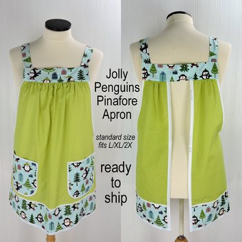 Jolly Penguins Pinafore Apron with no ties, relaxed fit smock with pockets, cute Christmas Apron fits L/XL/2X, ships fast