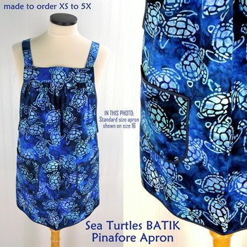 Sea Turtle Batik Pinafore Apron with no ties, relaxed fit smock apron with pockets, handmade-to-order XS - 5X, blue-purple-green watercolor