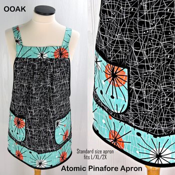 Atomic Pinafore Apron,  relaxed fit apron with no ties, retro mid-century modern smock with pockets, OOAK last one ready to ship