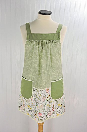Garden Sketch Pinafore Apron with no ties, relaxed fit smock with pockets, standard size fits L-XL-2X, SHIPS FAST