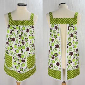 Green Apples Pinafore Apron with no ties, relaxed fit smock with pockets, standard size fits L-XL-2X, SHIPS FAST
