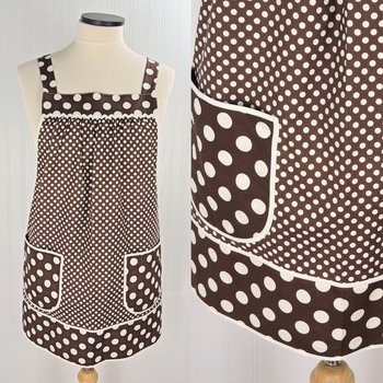 Brown & Cream Dot Pinafore with no ties, relaxed fit smock with pockets, lovely hostess apron, ready to ship fits L/XL/2X