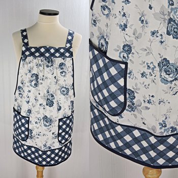 Tranquility Roses Pinafore Apron with no ties, blue and white floral smock apron with pockets made-to-order XS to 5X