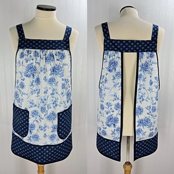 Ballycastle Chintz Blue & White Floral Pinafore Apron with no ties, smock apron with pockets made-to-order XS to 5X