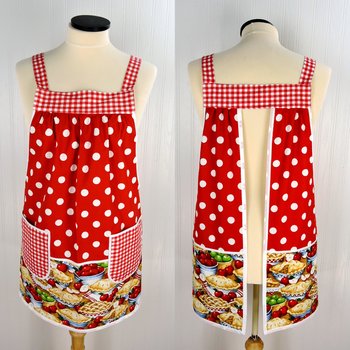 Red, White & Apple Pie Pinafore, relaxed fit smock with pockets, comfortable (doesn't touch neck) SHIPS NOW, standard size fits L/XL/2X