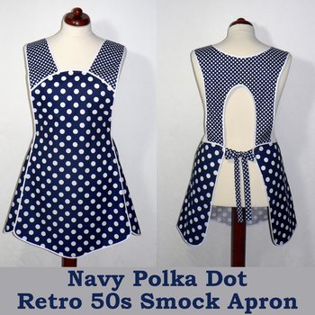 Navy Blue Polka Dot Retro 50s Smock, relaxed fit H-back apron (no ties at neck) XS to 4X made to order w/ pocket options choose your details