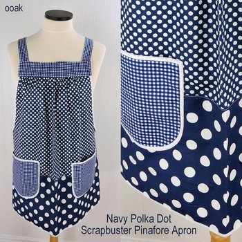 Navy Polka Dot Scrapbuster Pinafore, relaxed fit smock with pockets, comfortable (doesn't touch neck) Standard Size (fits L/XL/2X) ships now