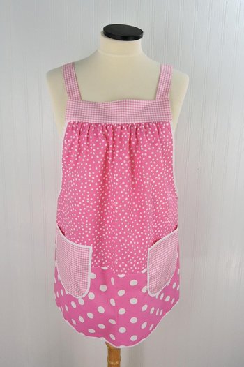 Pink Polka Dot Scrapbuster Pinafore, relaxed fit smock with pockets, comfortable (doesn't touch neck) Standard Size (fits L/XL/2X) ships now